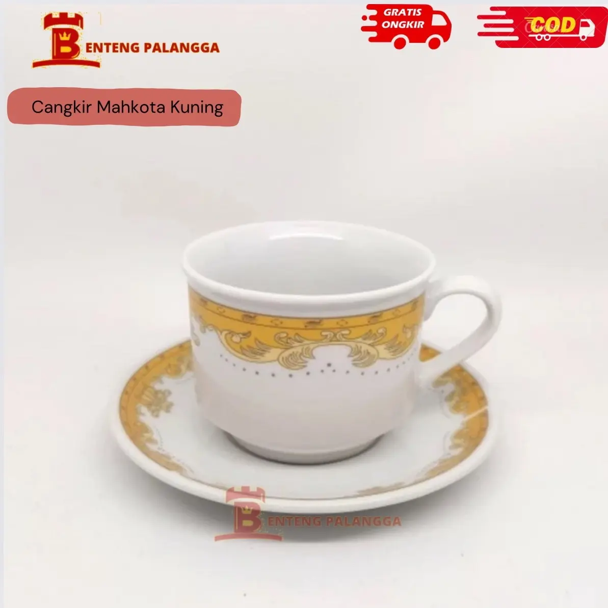 (6PCS)Cangkir/Lepek Teh Kopi Mahkota Kuning Keramik/Batu/Porcelain Cantik Elegan Gift Set
