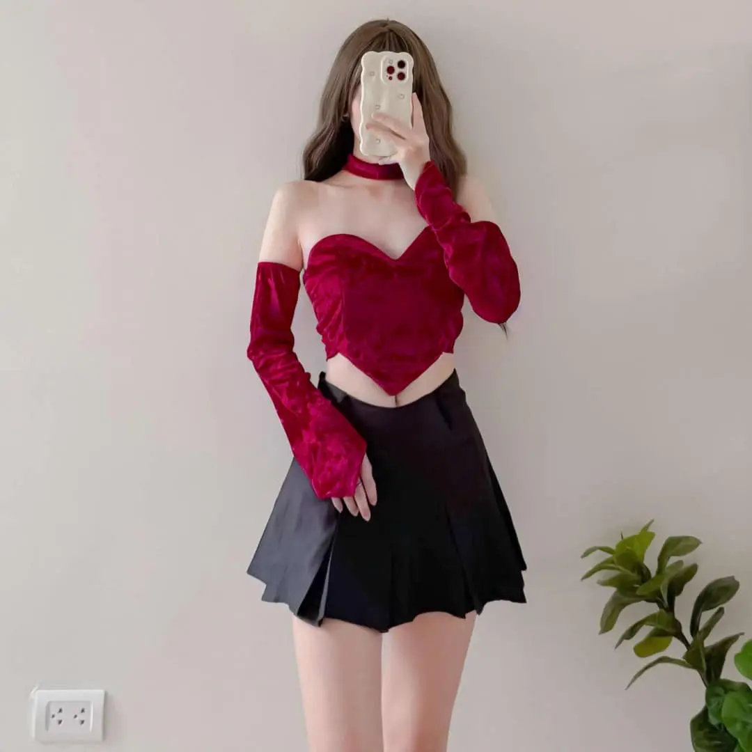 Stylelaland•Sweetheart Top with Arm Gloves & Neck Collar•Premium Velvet Heart Tube OOTD Women