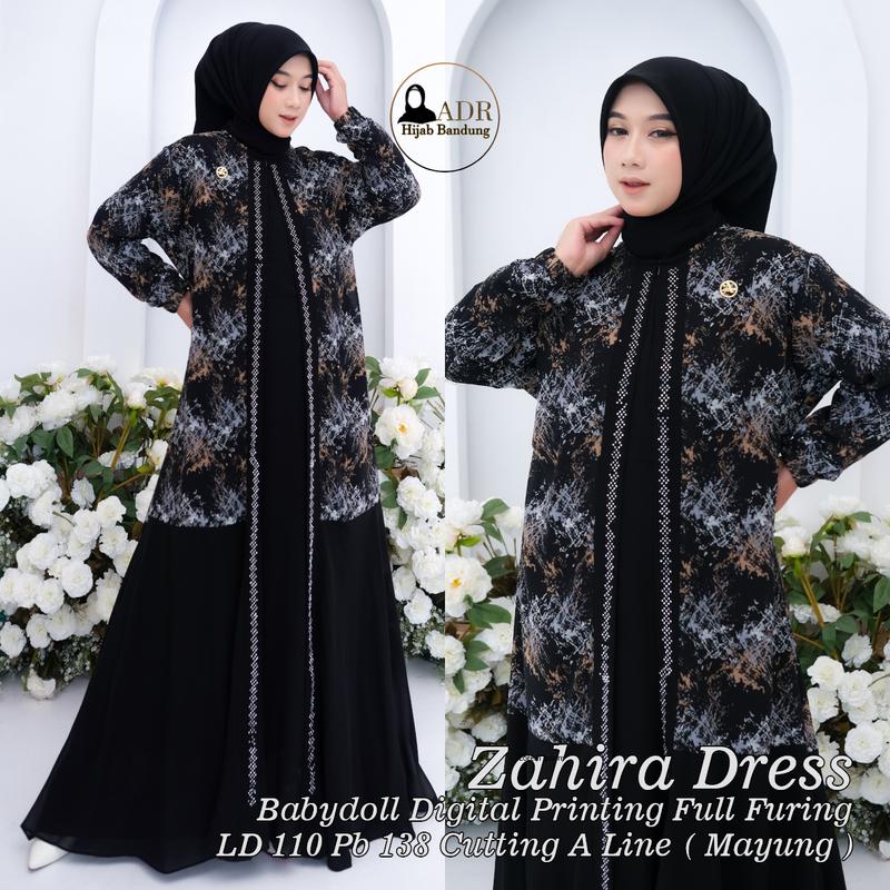 Dress ZahiraGamis BabyDoll Digital Printing Full Furing Busui dan Wudhu Friendly Kerudung SegiEmpat Muslim 2