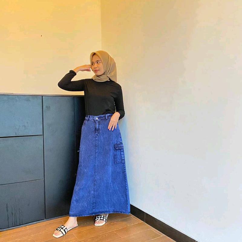 ROK KARGO JEANS Panjang Denim Karet Tebal Wanita Standar Katun A-Line Samping Melar Hitam Maxi Biru rok cargo tanpa belahan rok jeans span rok midi jumbo 0