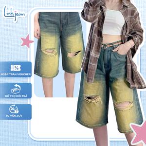 [SALE LƯƠNG VỀ] – [JL03] - Quần Ngố Lửng Jeans Nữ Dài 63cm Rách 2 Bên – LINH JEAN STORE – Xanh Wash Phối Màu, Bụi Phố, Hot Trend.
