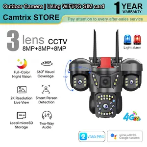 Camtrix V380 Pro Outdoor 3 lensa CCTV Camera WiFi/4G SIM 18MP Voice intercom, Night vision, Motion detection, With alarm lights