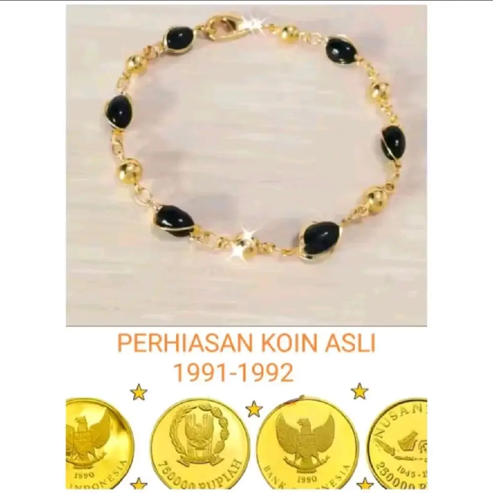 gelang tangan koin asli 1991 -1992 gelang tangan giok hitam warna emas anti luntur dan karat