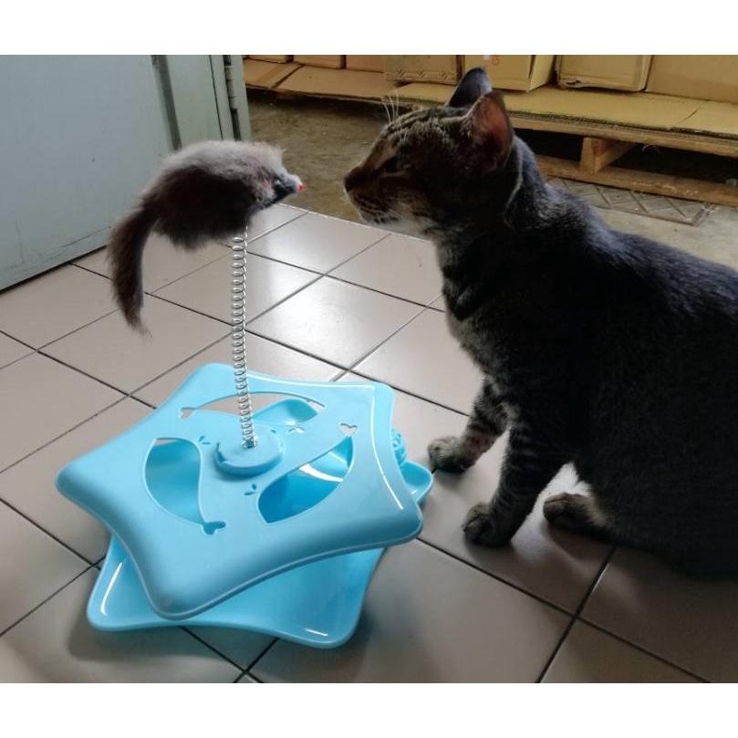 Blue Pentagonal Cat Toy Springed Rat Ringing Ball Mainan Kucing Tikus Bebola