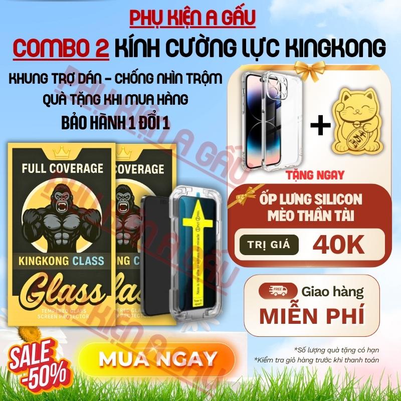 Combo 2 Kính cường lực khung trợ dán KINGKONG chống nhìn trộm full màn lphone x xs xr 11 12 13 14 15 pro max plus, Phụ kiện miếng dán bảo vệ màn hình Kèm quà tặng 1 Ốp chống sốc + 1 mèo thần tài - Cuong luckingkong