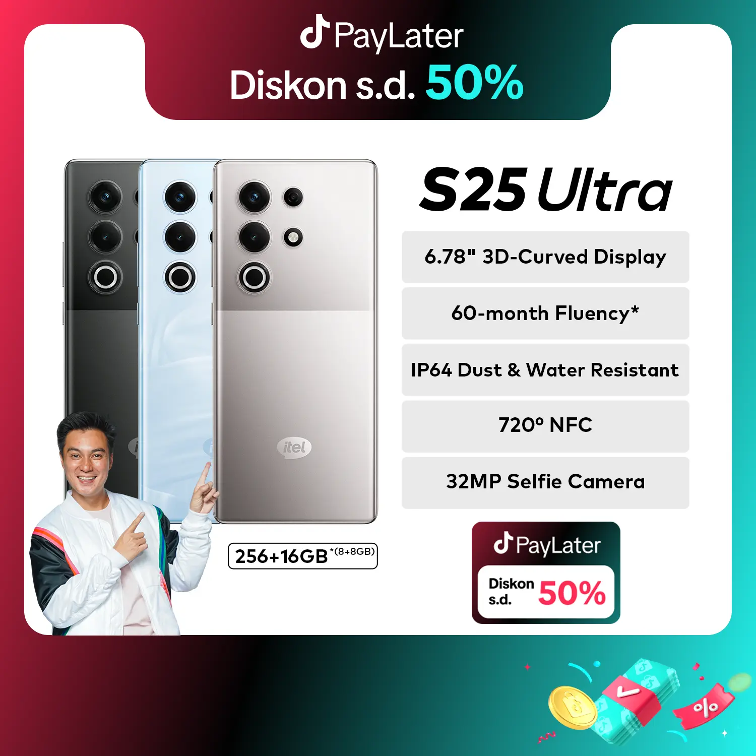 [EXCLUSIVE BAIMWONG] itel S25 ULTRA S25U RAM 8+8/128GB / RAM 8+8/256GB - 6.78"FHD+ Amoled 3D 120hz - 6.9mm Ultra Slim Design - Corning Gorila Glass 7i - 32MP Selfie Cam - Rear Cam 50MP+2MP Macro - NFC - IP64 - DTS Sound