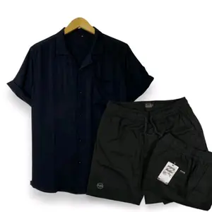OneSet Pria Kemeja Polos Rayon Twill Celana Pendek Boardshort Premium Setelan Pria Atasan Hitam Katun Panjang Casual