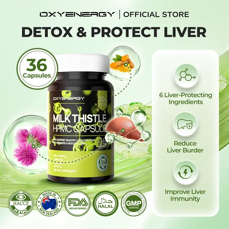 OXYENERGY Kapsul Hati Milk Thistle, untuk Sokongan Hati dan Alkohol, Silymarin, 36 kapsul / botol