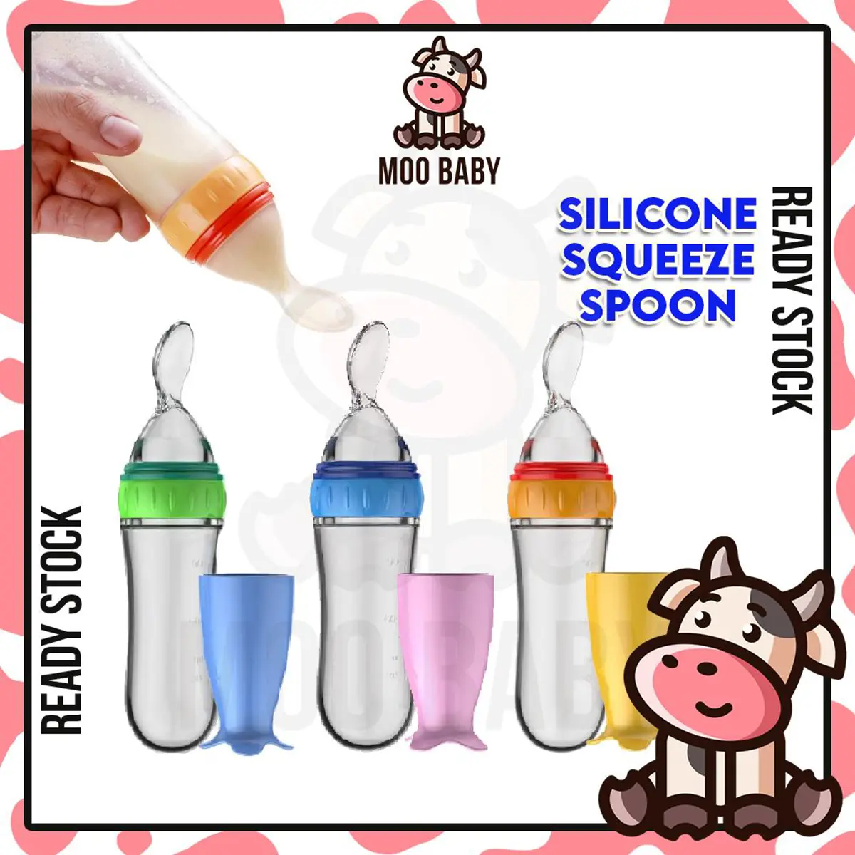 Moo Baby Silicone Squeeze Spoon Feeder With Cover Feeding Bottle Food Sudu Bubur Baby Sudu Makan Newborn Infant Baby Nursing Bayi