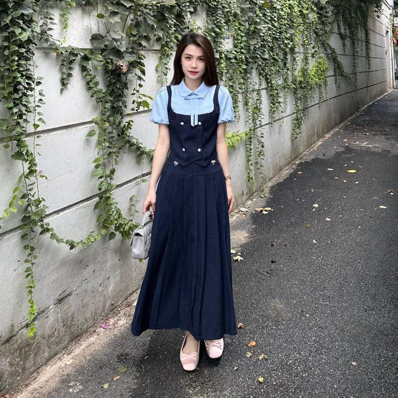  Set Thiết Kế Cổ Sen Tay Bồng Phối Màu Cúc Đá Chân Váy Xếp Ly Tag Nơ Dáng Dài Tiểu Thư 