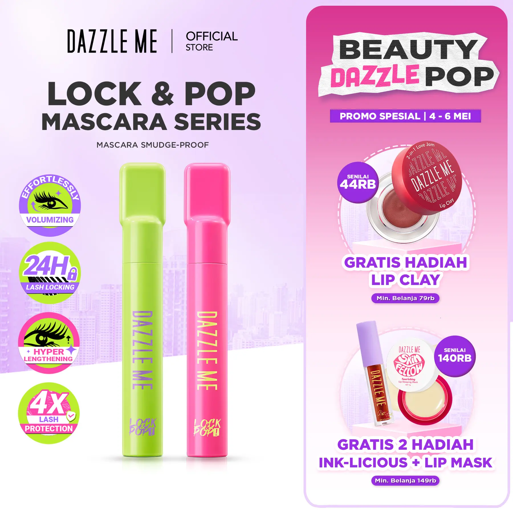 [NEW LAUNCH] DAZZLE ME Lock & Pop! Duo Mascara Series VoluMAX-ing and LongLASH-ting Mascara Smudgeproof Transferproof Waterproof Maskara Longlasting Tahan Lama 24 Jam