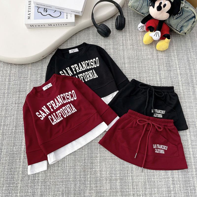   8-23Kg - Dung Kids 05- V26 Set 2 màu chất Xneo Áo dài tay phối vạt trắng in chữ+ chân váy chữ A có túi năng động cho bé gái 