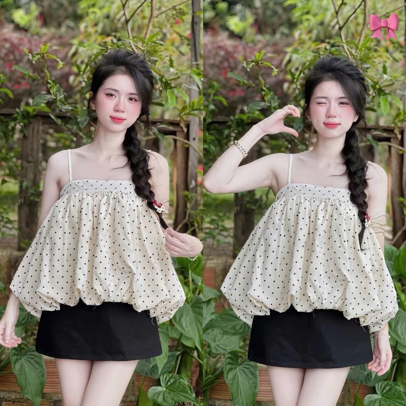 Set đồ nữ áo lụa chấm bi thiết kế 2 dây dáng bí bồng mix chân váy kate chữ A sang chảnh dành cho các nàng diện đi chơi đi tiệc.women top