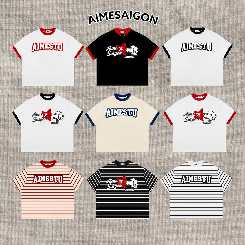 A2 Aimesaigon Áo Thun Big Boxy Local Brand Form Rộng Tay Ngắn Cotton 250gsm x Borip Cổ Tròn " PHỐI TAY SỌC NGANG " Nam Nữ Menswear Kem Unisex Hot Trend