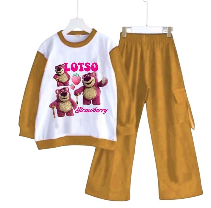Setelan anak celana cargo karakter Lotso Bear Strawberry bahan crinkle kekinian setelan kaos panjang anak perempuan setelan  anak Setelan Baju 7