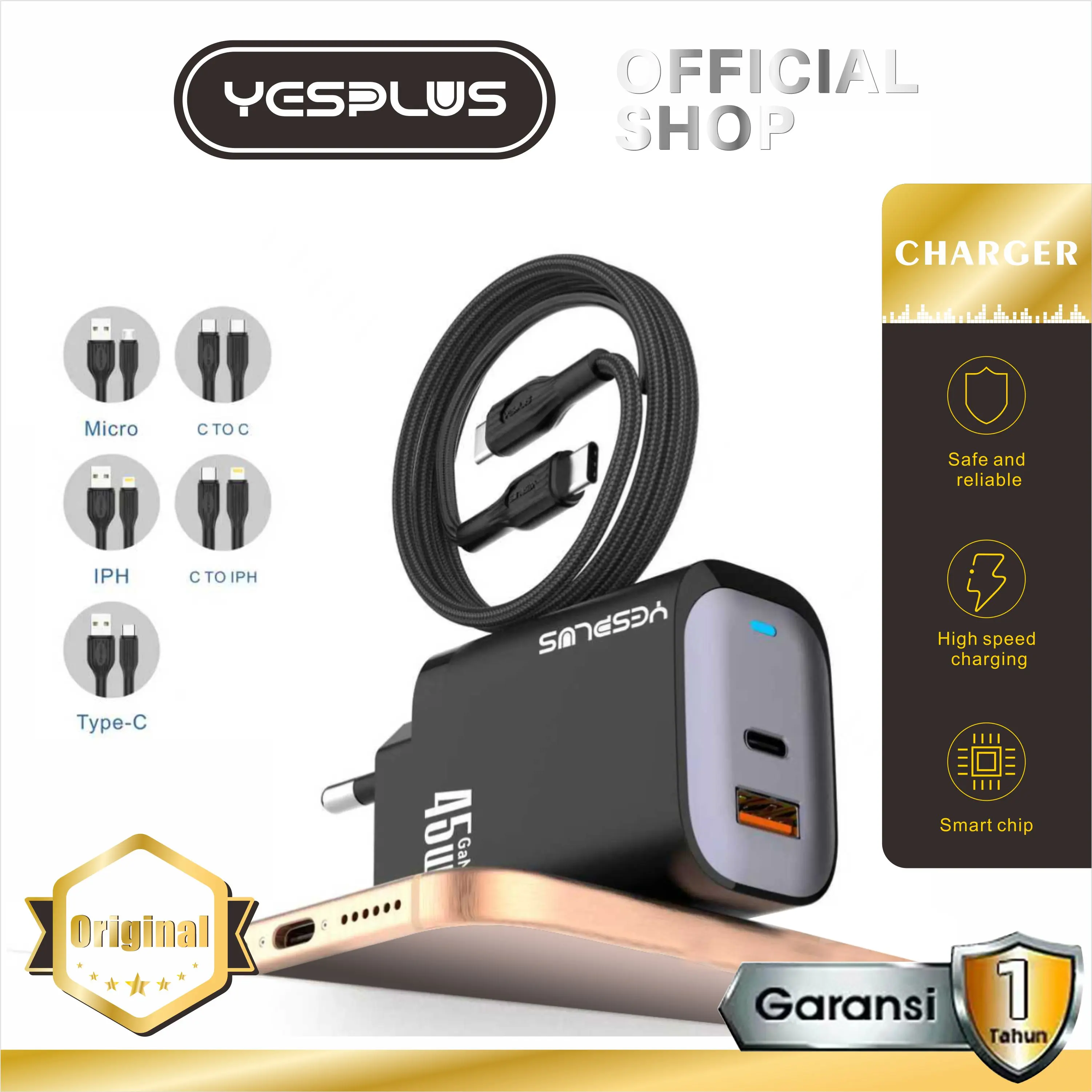 YESPLUS Adaptor Charger + Kabel Charger YS-1138 GAN 45 Watt Dua Lubang Pengisian Daya Type-C & USB Pengisian Daya Cepat