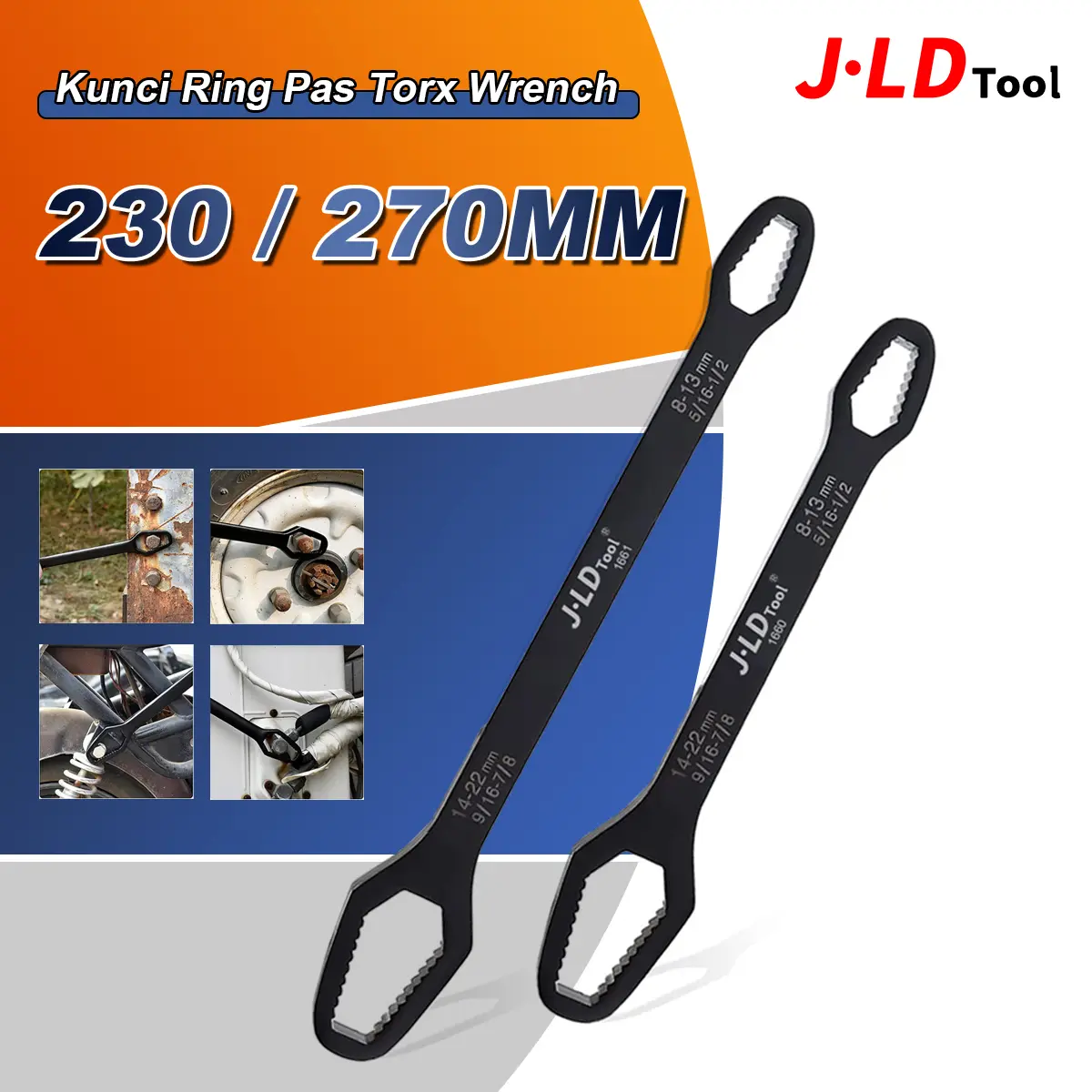 JLD Kunci Ring Pas Torx Wrench 8-22MM Ganda-Ended Universal 230/270MM Panjang Adjustable Self-tightening Spanner Anti Karat