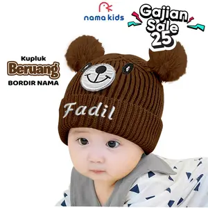Topi Bordir Nama Kupluk Anak Bayi Pompom Beruang  Kupluk Anak Laki-Laki Perempuan Murah Cewek