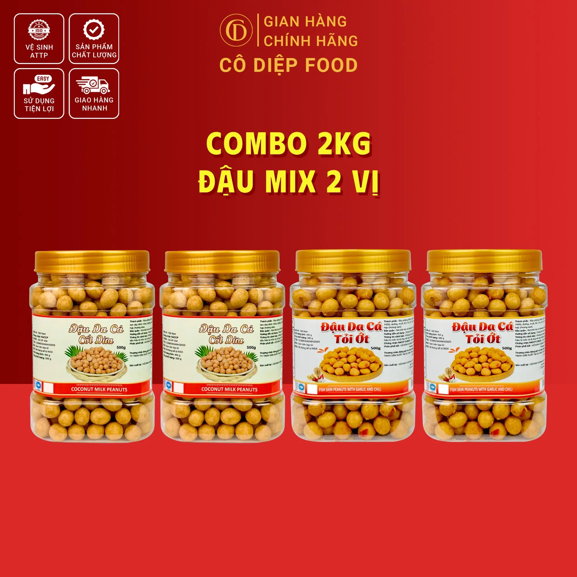 2KG Đậu Phộng Mix 2Vị [ 1KG Đậu Phộng Tỏi Ớt + 1KG Đậu Da Cá Cốt Dừa] (Đầy Đủ Hồ Sơ Công Bố & Kiểm Nghiệm Sản Phẩm) [ CÔ DIỆP FOOD] Snack Ăn Vặt