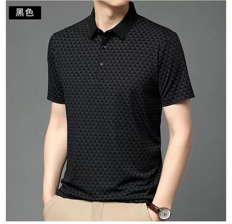 New men's silk short sleeved jacquard T-shirt Fashionable luxury casual hot stamping polo shirt Moisture wicking loose commuter versatile top