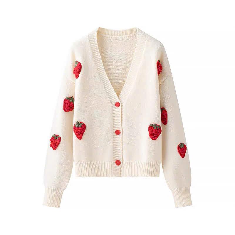  HÀNG QC  Áo len kiểu nữ AL726 chất dệt kim dáng khoác cardigan họa tiết dâu tây dài tay dày dặn thu đông Hàn Quốc Kozoda 