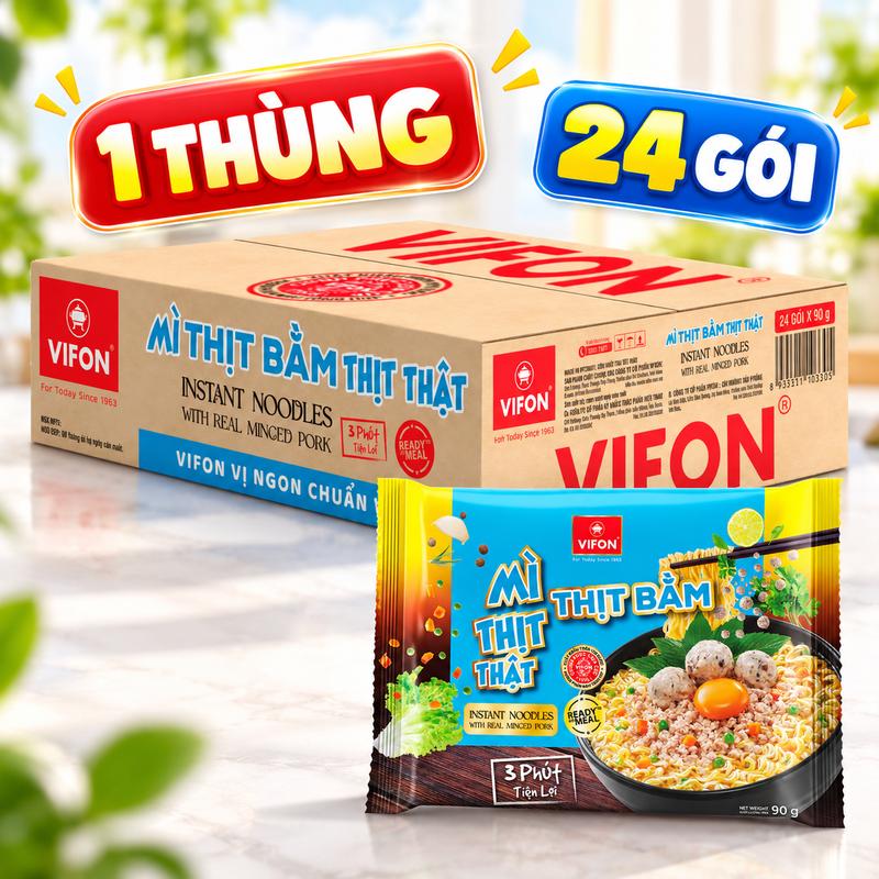 Mì Thịt Bằm Thịt Thật VIFON 90g Thùng 24 Gói, Mì Ăn Liền Có Thịt Bằm Thật, Sợi Mì Dai Ngon, Nước Súp Hài Hòa, Hương Vị Đậm Đà, Tiện Lợi Dễ Chế Biến Cho Gia Đình, Văn Phòng, Cửa Hàng Và Quán Ăn