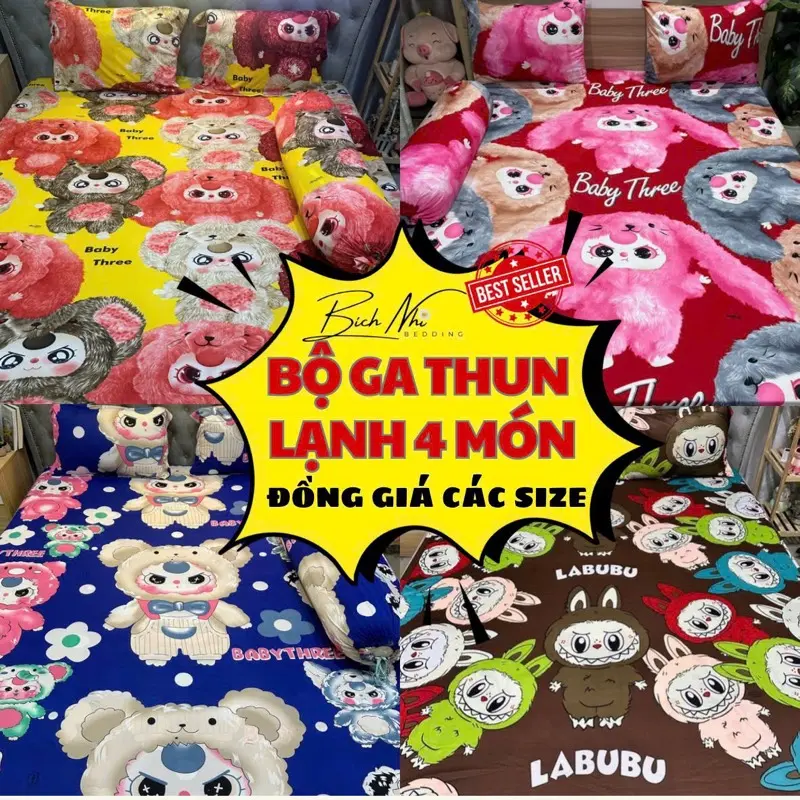 (30 mẫu hot) Bộ Ga Thun Lạnh 4 Món - Chất thun co giãn thoáng mát (1 ga,2v nằm, 1v ôm rút)