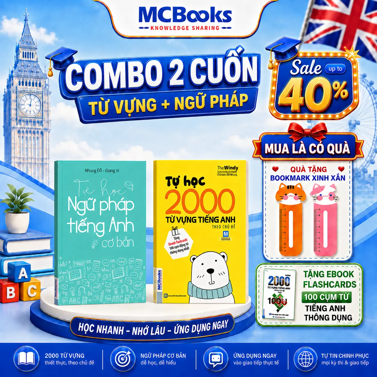 Sách - Tự Học 2000 Từ Vựng Tiếng Anh Theo Chủ Đề + Tự Học Ngữ Pháp Tiếng Anh Phiên Bản Khổ Nhỏ Dành Cho Người Học Căn Bản - MCBooks - Tặng Bookmark