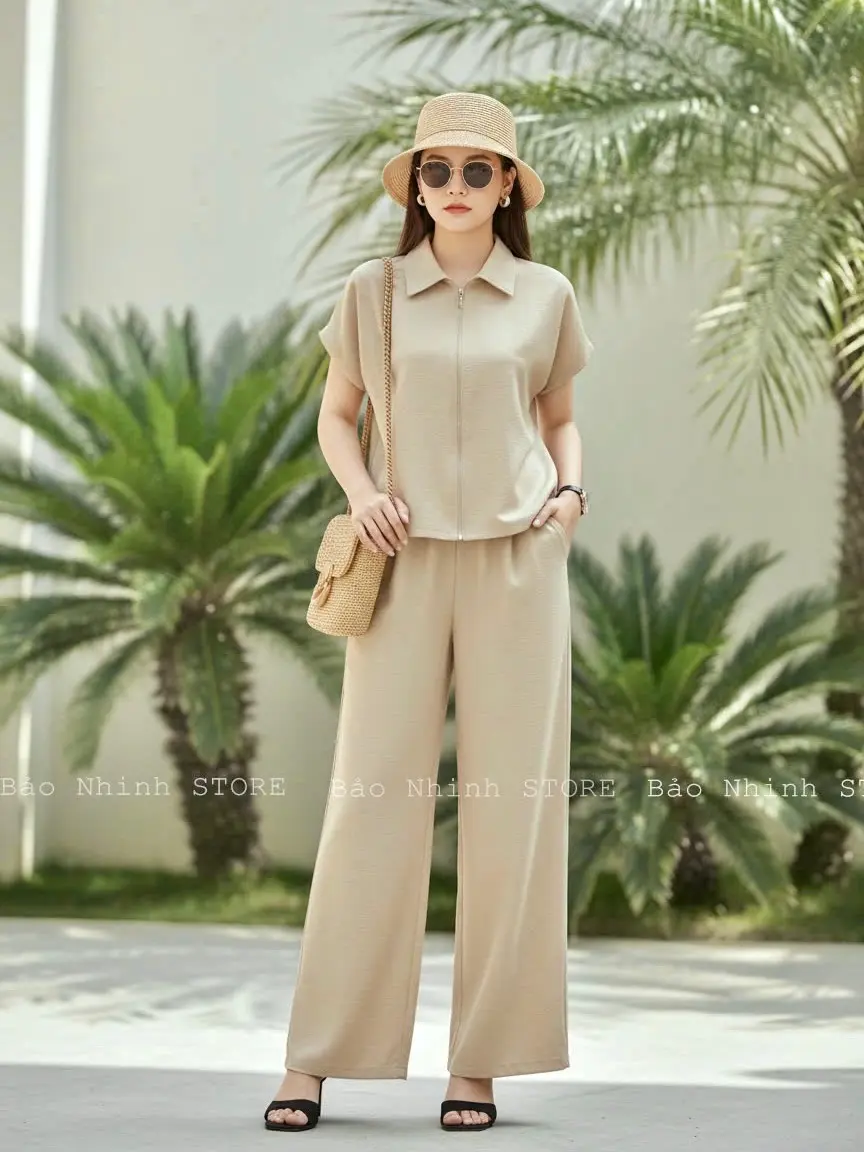 Sét đồ bộ vải đũi vân mây cao cấp - khoá kéo áo tiện lợi - quần ống xuông, áo cổ bẻ - thanh lịch - trẻ trung phù hợp với mọi lứa tuổi
