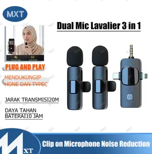 K15 3 IN 1 Lavalier Wireless Microphone Dual Mikrofon 3.5mm Mikrofon Nirkabel Lavalier Mic on Mic Bluetooth Tanpa Kabel Microphone Youtuber Suara Jernih Mic Wireless Original Untuk Live Vlog Antarmuka Lightning, iOS,AUX