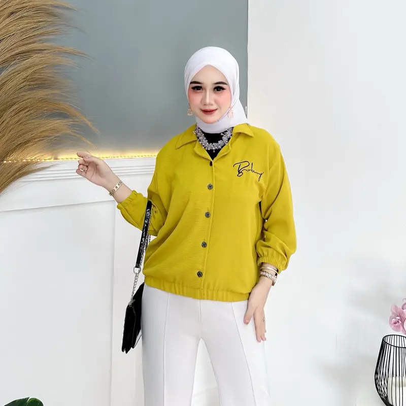 Arni Busana -Kemeja Blouse Wanita Bordir Bahan crinkle Adem Dan Nyaman Kancing Depan Lengan Karet Baju Dewasa Model Casual 7
