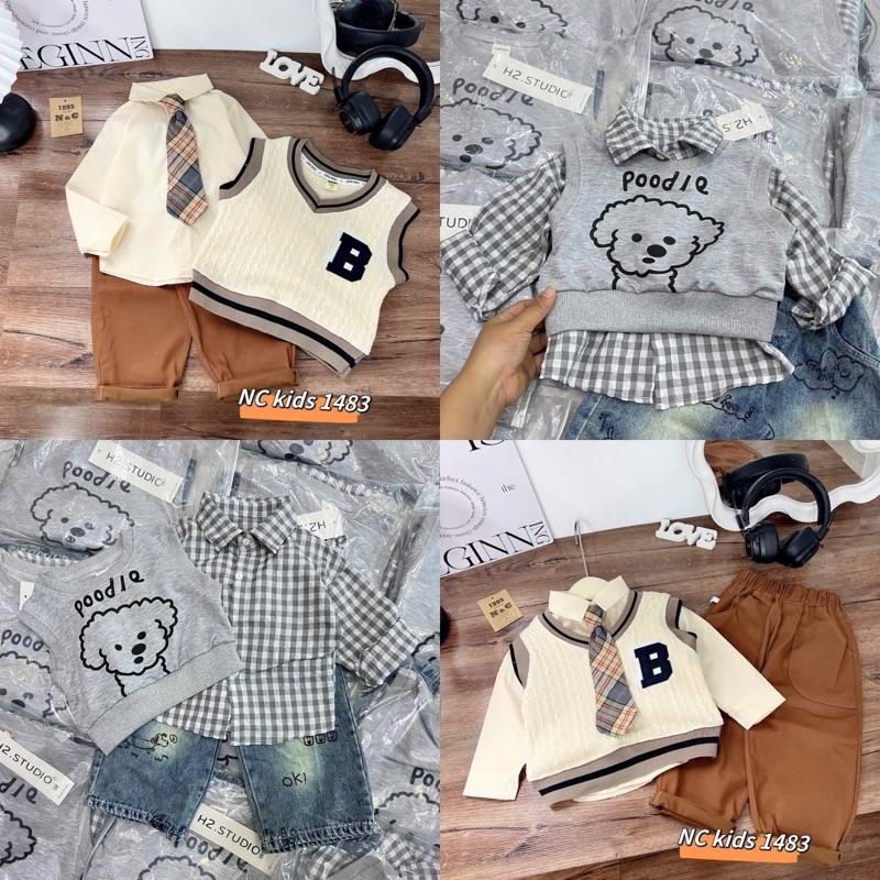 sét ba chi tiết áo sơ mi trắng kèn áo gile đen kèm quần jean sz 10-20kg cho bé trai