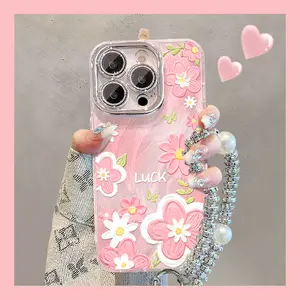 Case HP khusus untuk iPhone/OPPO/VIVO/Xiaomi/Redmi/Samsung/Infinix/Realme，desain kreatif mewah dengan pola bunga lukisan minyak berwarna pink dan tekstur feather yarn, perlindungan penuh anti jatuh, model wanita, dilengkapi pelindung lensa bawaan.