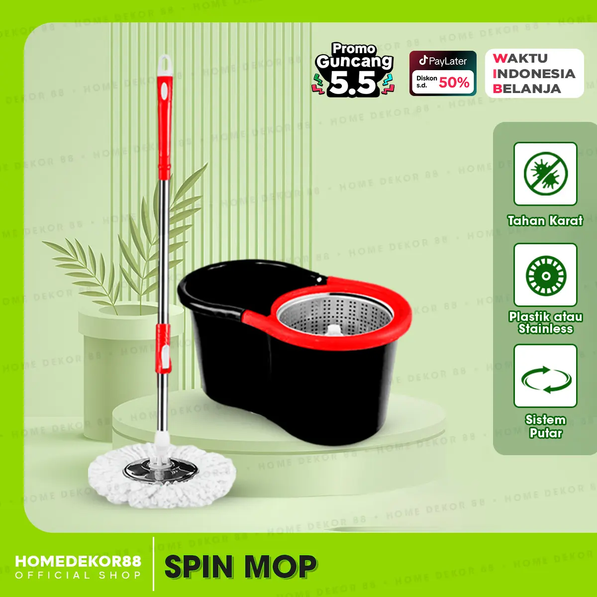 HOMEDEKOR - Alat Pel Lantai Pel Putar Pel Mop Tanpa Peras Tangan Kain Pel Lembut Ember Plastik