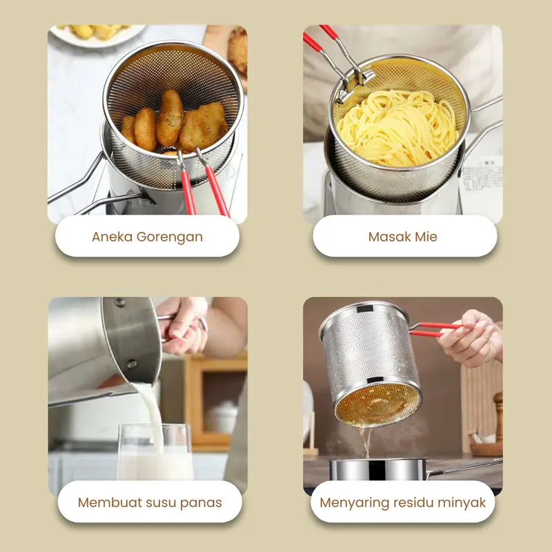 [GRATIS TATAKAN] Funnycook 4 in 1 Mini Deep Fryer Panci Penggorengan Kentang Saringan Minyak dan Capitan Makanan Multifungsi Kitchenware 6