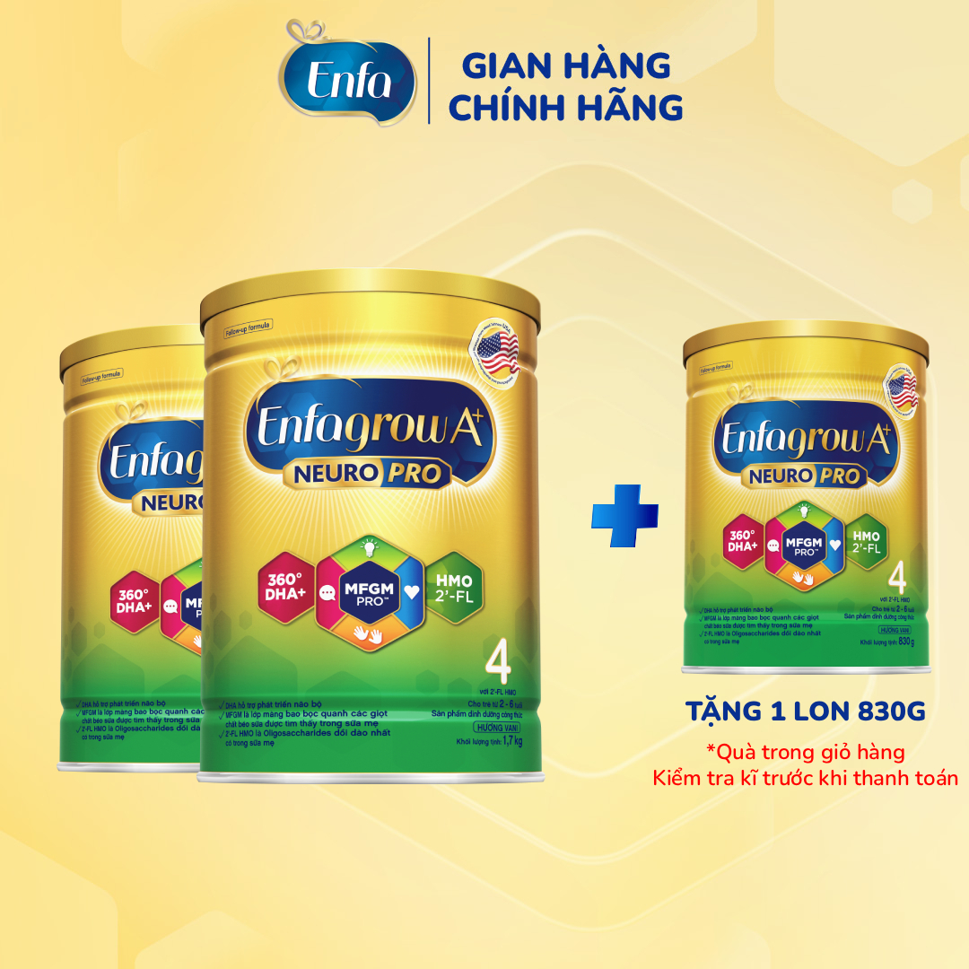 [Tặng 1 lon 830g] Bộ 2 lon sữa bột Enfagrow A+ Neuropro 4 với DHA giúp phát triển não bộ cho trẻ từ 2-6 tuổi - 1.7kg/lon