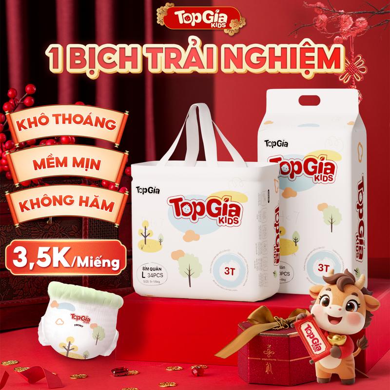   HCM - 1 BỊCH  Tã Bỉm TopGiaKids pH < 7 ngừa hăm đai chun đệm mây mềm mại co dãn 4 chiều thấm hút bề mặt khô thoáng size S đến XXXL cho bé từ 4-20kg  bỉm   BO  