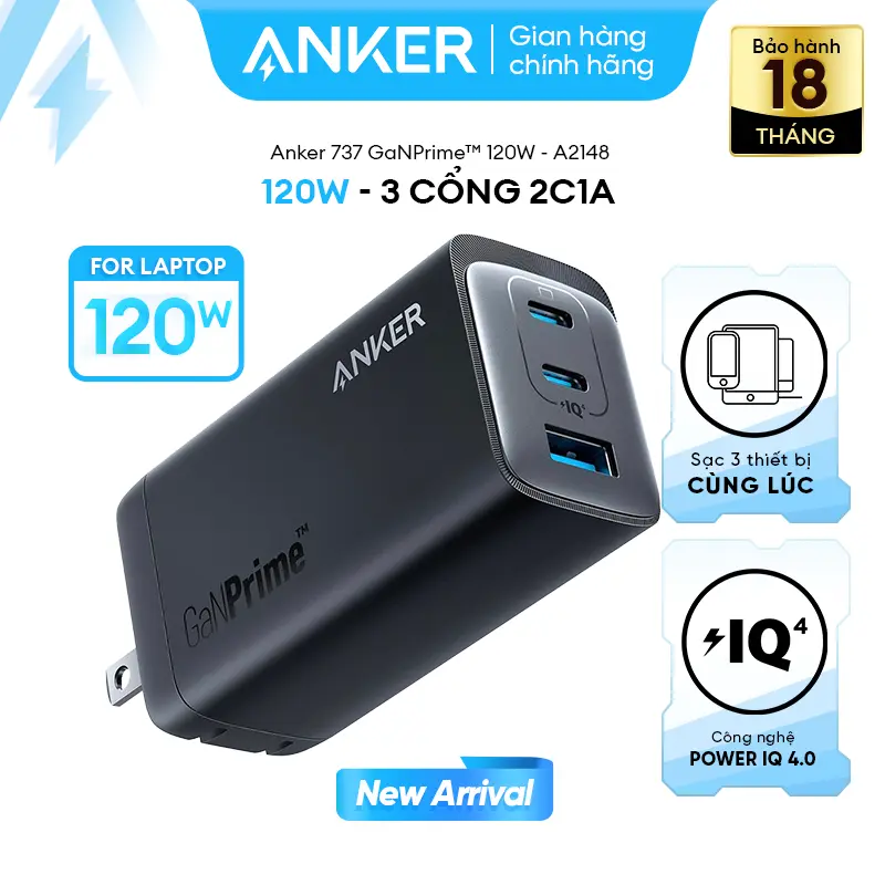 [Củ 120W] Dành cho Laptop | Củ Sạc Anker 3 cổng 2C1A 737 GaNPrime - 120W - Hỗ trợ GaN, PowerIQ - A2148 | BigBuy360 - bigbuy360.vn