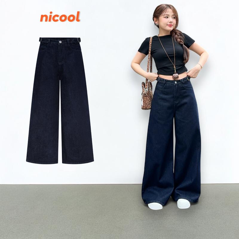 Quần Jean Nữ Ống Suông Rộng NICOOL Phối Dây Khuyên Quần Bò Nữ Xanh Navy Cạp Cao Thời Trang N41-Q67