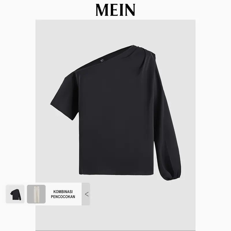 [MEIN] Elegant Kaos Off Shoulder Wanita Baju Atasan Lengan Panjang Hitam Top Cewek Basic Casual 4371 3