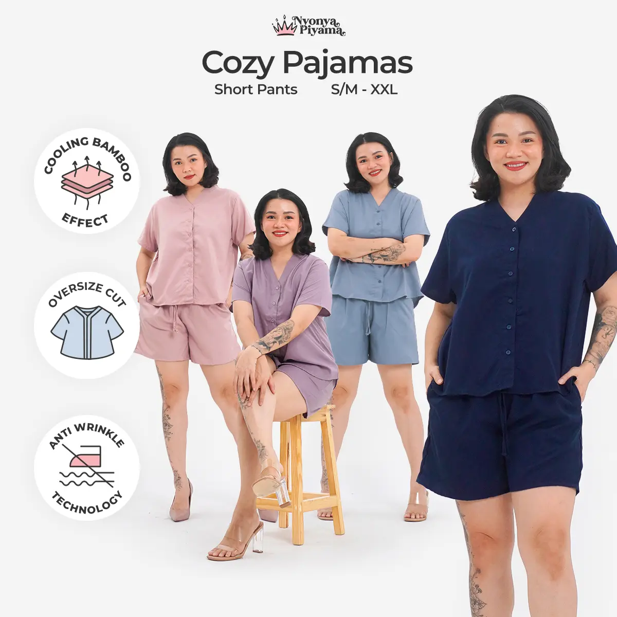 [BEST SELLER] Nyonya Piyama Poly Bamboo Oversized Cozy Set Celana Pendek Polos Baju Nyaman Santai Wanita Tidur Dewasa Basic Setelan