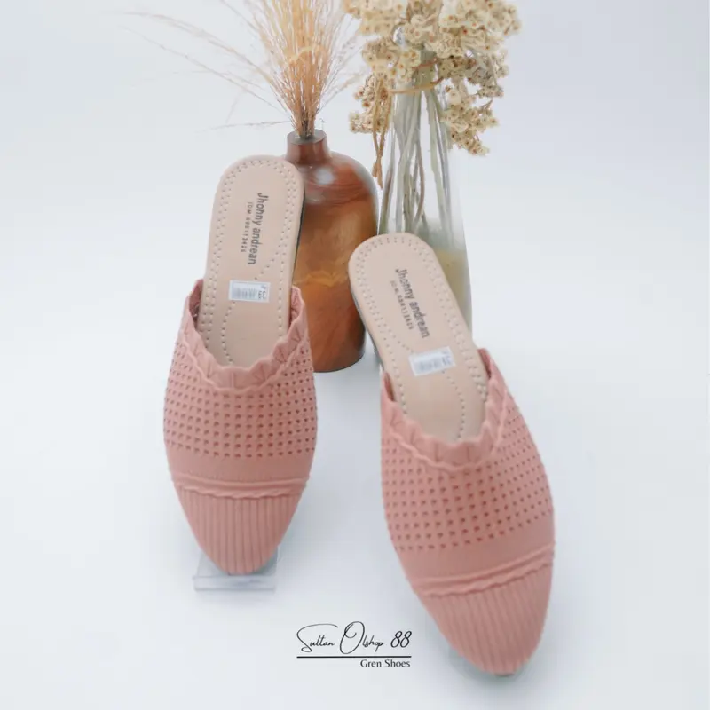 Slip On Mules Sandal Sepatu Rajut Wanita Hak Datar Karet Kasual 4