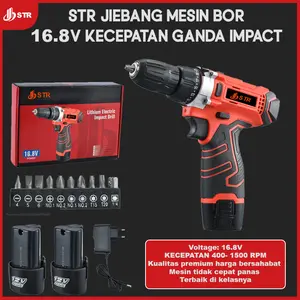 STR Mesin Bor 16.8V Baterai Tangan Cordless Power Drills Kit Dengan Impact Drill 400-1500 RPM 2.0 Ah Brushless Easy-to-control Kualitas Premium Harga Bersahabat