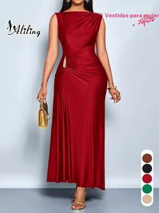 Aling Elegant Vestido Midi sin Mangas para Mujer Cintura alta Pliegues Cuello bote Ajustado Sólido Femenino Vestido de Noche Sexy Ropa perfecta para Fiestas y Citas