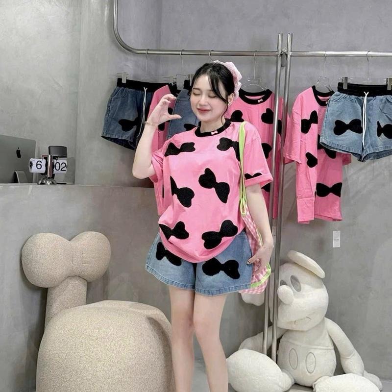 [Bigsize 65 - 95kg] Set Bộ Jean Đùi Áo Thun Nơ In Kèm Quần Sort