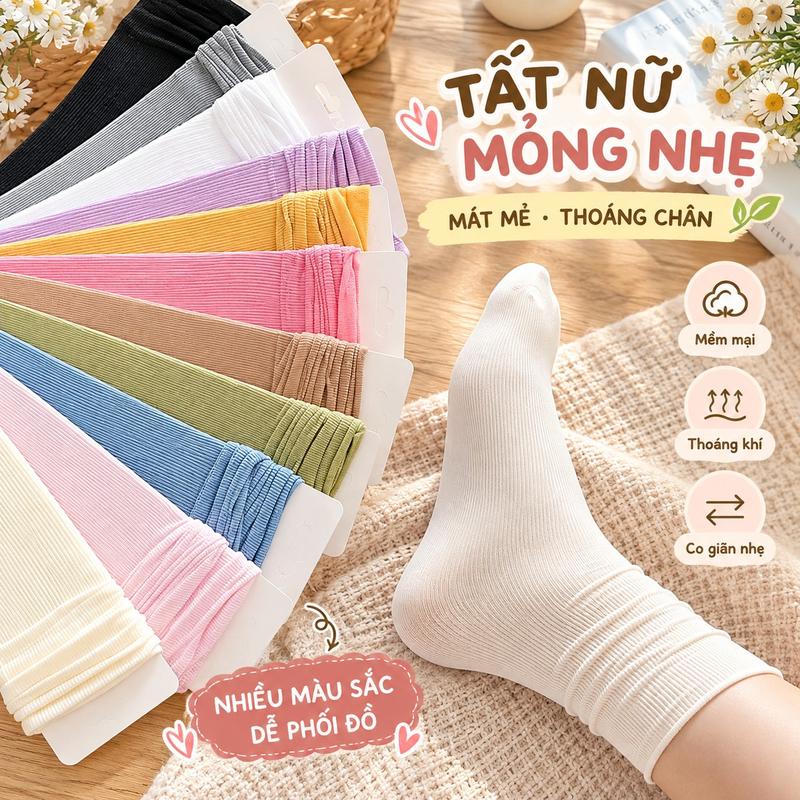 Set 5 Đôi Tất Nữ Gân Dọc Cổ Cao Thời Trang Hàn Quốc, Vớ Nữ Mỏng Nhẹ Co Giãn Ôm Chân, Tất Nữ Trơn Nhiều Màu Dễ Phối Đồ