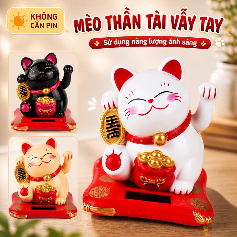 Mèo Thần Tài Vẫy Tay Sử Dụng Năng Lượng Ánh Sáng Năng Lượng Mặt Trời, Mèo May Mắn Trang Trí Bàn Học, Decor Phòng Trang Trí Nhà