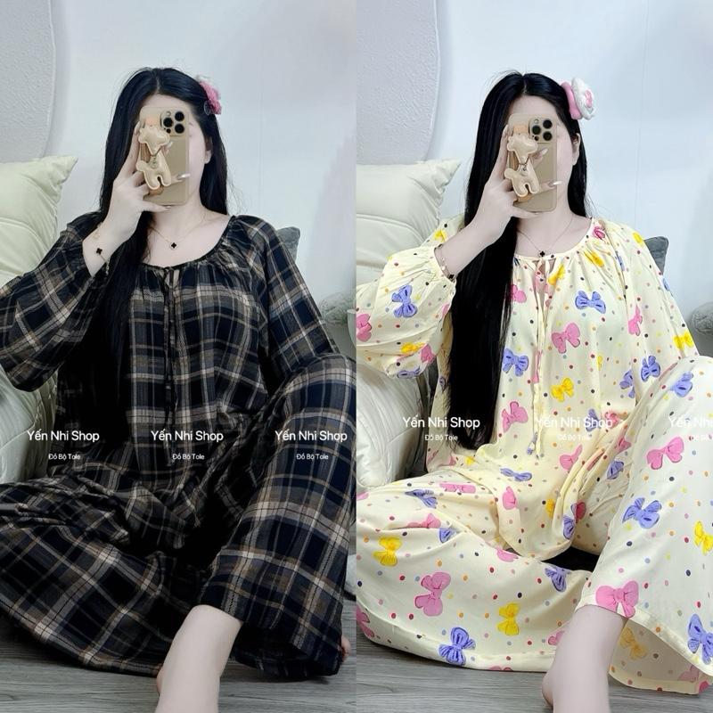 YN017 Đồ Bộ Tole Lanh Nữ L1 40-85kg Dáng Áo Tay Dài Form Rộng Cổ Tròn Quần Dài Bộ Mặc Nhà Xinh