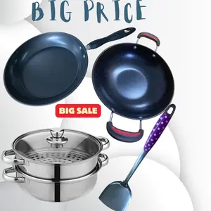 F&R Panci kukus stainless + Wajan Enamel 30 cm + Teflon Anti Lengket 26 cm + Sodet stainless polkadot Kitchenware