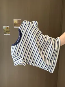 atasan kaos lengan pendek round neck slim stripe atasan wanita kekinian korean style bahan adem Motif Baju Oversize Salur Panjang Hitam